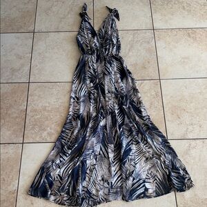 Navy and Cream Tropical Print Tie-Shoulder Maxi Dress